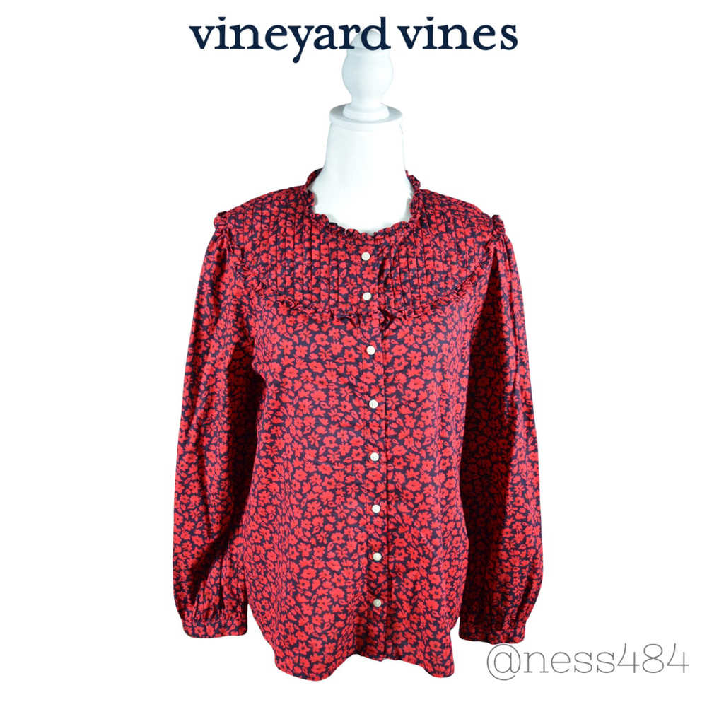 Vineyard Vines Red Floral Button Down Long Sleeve‎ Ruffled Collar Blouse Top 12